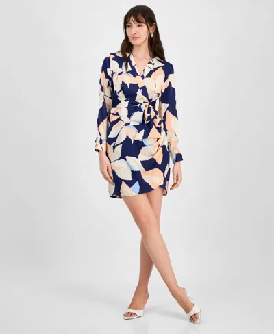 Tahari Petite Printed Collared Faux-wrap Sheath Dress In Navy Multi
