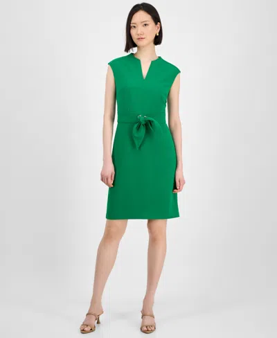 Tahari Petite Tie-front Sleeveless Scuba Sheath Dress In Clover