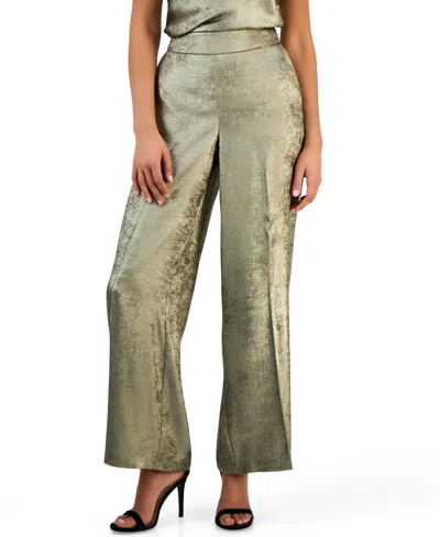 Tahari Petite Wide Leg Foil Pants In Green
