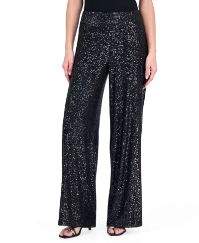 Tahari Petite Wide-leg Sequin Pull-on Pants In Black