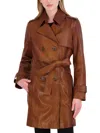Tahari Petites Womens Collared Long Leather Jacket In Green