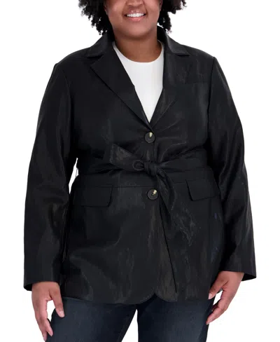 Tahari Plus Size Belted Faux Leather Trench Coat In Black