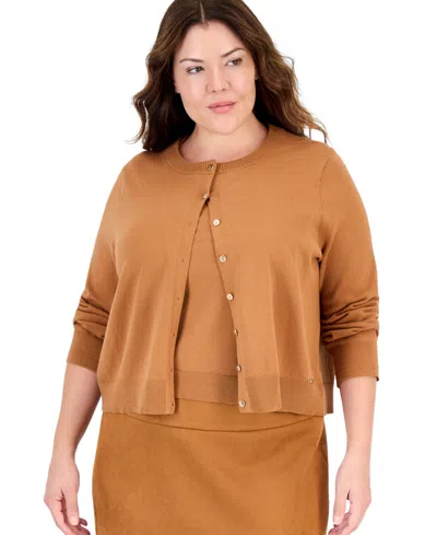 Tahari Plus Size Cotton-blend Fitted Crew Neck Button-front Cardigan In Brown
