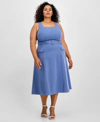 Tahari Plus Size Denim Belted Square-neck Midi Dress In Denim