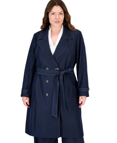 Tahari Plus Size Denim Double-breasted Long Trench In Dark Denim