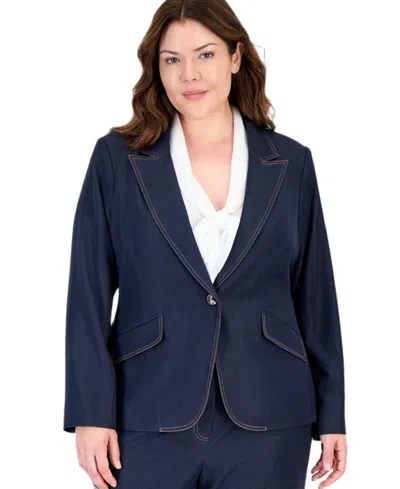 Tahari Plus Size Denim One-button Blazer In Blue