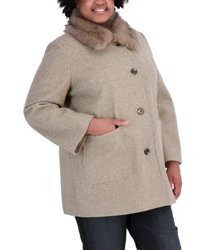 Tahari Plus Size Faux-fur-collar Car Coat, Created For Macy's In Neutral