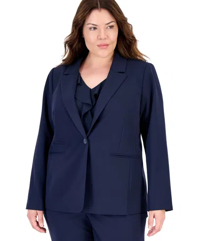 Tahari Plus Size One-button Stripe Lining Shoulder-padded Blazer In Blue