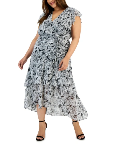 Tahari Plus Size Paisley-print Ruched-waist Midi Dress In Black White