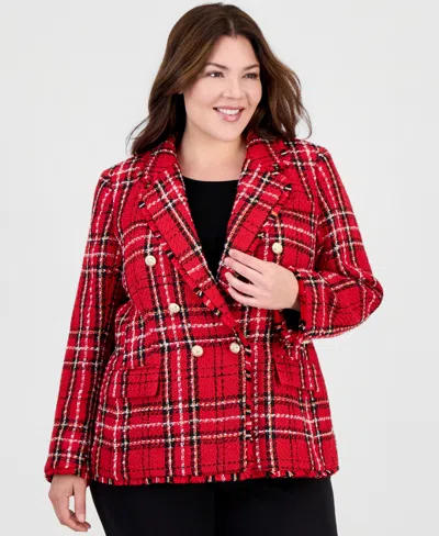 Tahari Plus Size Plaid Double-breasted Blazer In Red