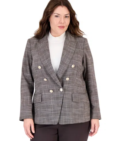 Tahari Plus Size Plaid Double-breasted Blazer In Multi