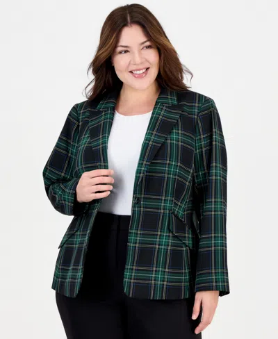 Tahari Plus Size Plaid Long-sleeve One-button Blazer In Green