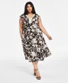 Tahari Plus Size Printed V-neck Fit & Flare Dress In Black Natural