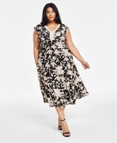Tahari Plus Size Printed V-neck Fit & Flare Dress In Black Natural