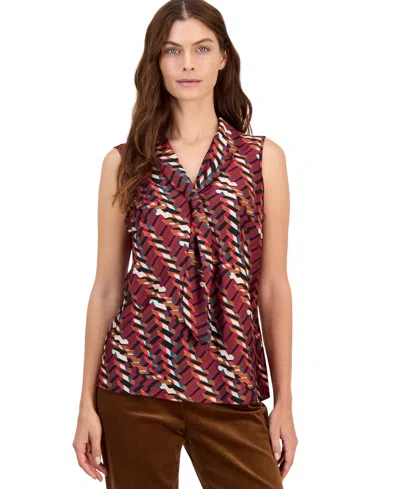 Tahari Plus Size Sailor Tie Sleeveless Geometric-print Blouse In Cranberry