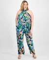 Tahari Plus Size Twist Halter-neck Jersey Jumpsuit In Black,orange