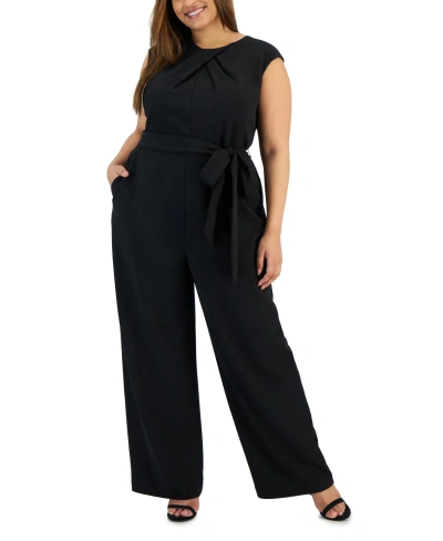 Tahari Plus Size Twist-neck Belted Wide-leg Jumpsuit In Black