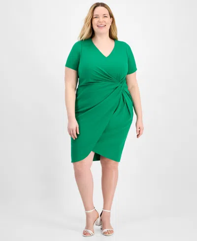 Tahari Plus Size V-neck Twist-detail Short-sleeve Sheath Dress In Clover