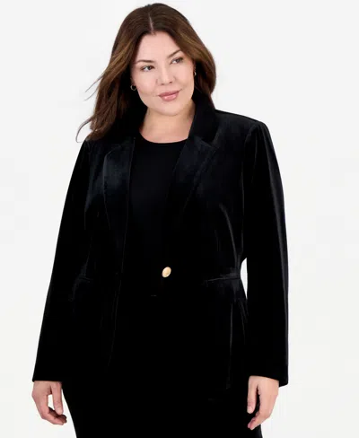 Tahari Plus Size Velvet Shoulder-padded Blazer In Black