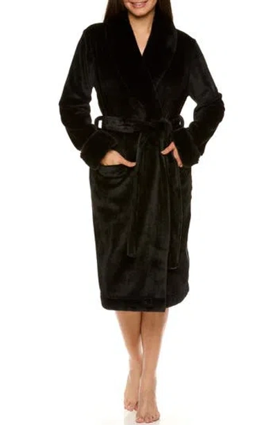 Tahari Plush Velour Robe With Faux Fur Trim In Black