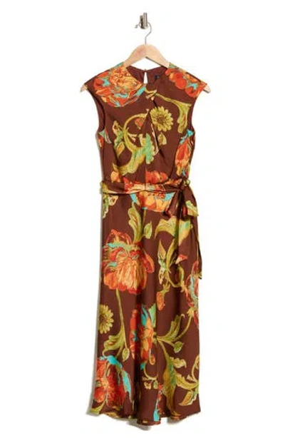 Tahari Print Tie Waist Midi Dress In Chocolate Multi