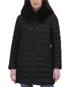 Tahari Women's Faux-fur-trim Hooded Packable Shine Puffer Coat