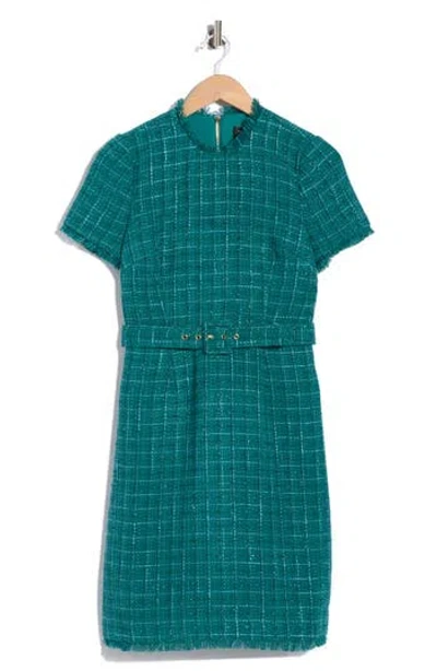 Tahari Short Sleeve Belted Tweed Sheath Dress In Green