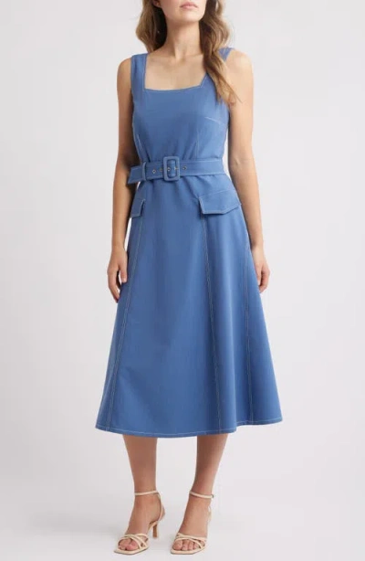 Tahari Sleeveless Belted Denim Midi Dress In Indigo