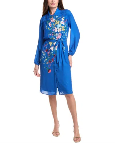 Tahari Smoked Yoke Shirt Dress In Marina Bouquet Print In Blue
