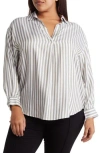 Tahari Stripe Poplin Tunic In Tea Leaf/white Stripe