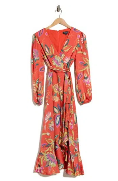 Tahari Tie Waist Long Sleeve Midi Dress In Tomato Multi