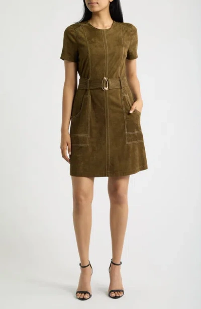 Tahari Topstitch Detail Faux Suede Dress In Brown