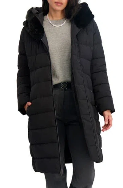 Tahari Vic Belted Longline Coat With Faux Fur Trim Hood In Blue