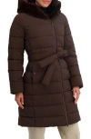 Tahari Vic Belted Longline Coat With Faux Fur Trim Hood In Brown