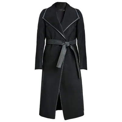Tahari Women's Black Juliette Double Face Wool Belted Coat With Faux Leather Trim