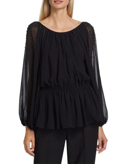 Tahari Women's Blouson-sleeve Embellished Blouse In Noir