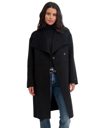 Tahari Women's Coco Asymmetric Double-faced Long Wool Blend Coat, Black