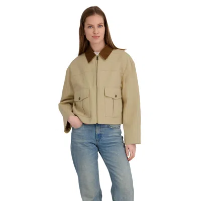 Tahari Women's Deia Short Barn Jacket 100% Cotton Twill Barn Coat W/corduroy Collar In Gray