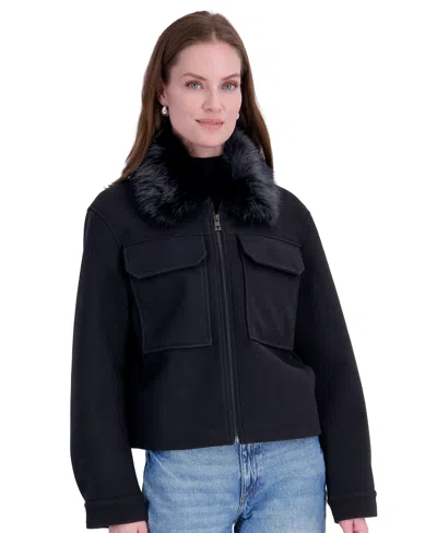 Tahari Women's Detachable Faux-fur Collar Cropped Coat In Black