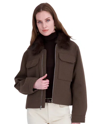 Tahari Women's Detachable Faux-fur Collar Cropped Coat In Brown