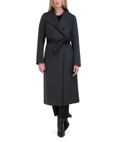 Tahari Women's Double Faced Faux Leather Trimmed Long Wool-blend Coat In Black