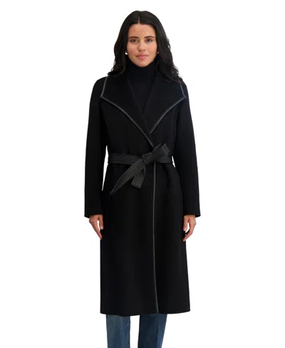 Tahari Women's Double Faced Faux Leather Trimmed Long Wool-blend Coat In Black