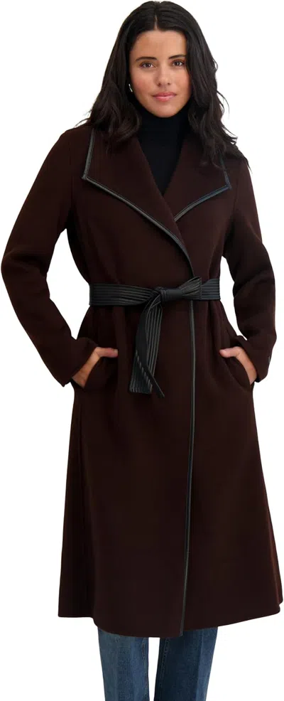 Tahari Women's Double-faced Luxury Soft Wool Blend Long Wrap Coat, Cherry In Brown