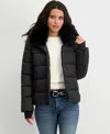 Tahari Women's Faux-fur-collar Hooded Puffer Coat In Black
