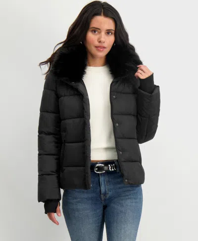 Tahari Women's Faux-fur-collar Hooded Puffer Coat In Black
