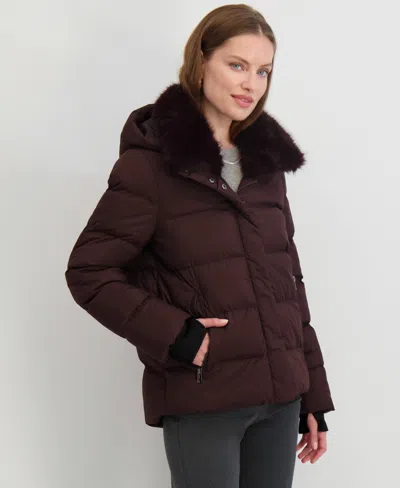 Tahari Women's Faux-fur-collar Hooded Puffer Coat In Burgundy