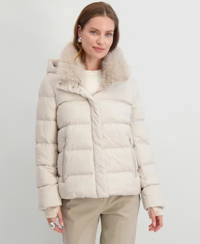 Tahari Women's Faux-fur-collar Hooded Puffer Coat In Neutral