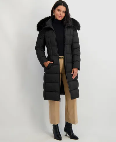 TAHARI WOMEN'S FAUX-FUR-TRIM HOODED BELTED PUFFER COAT