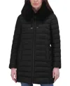 Tahari Women's Faux-fur-trim Hooded Packable Shine Puffer Coat In Noir