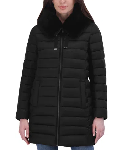 Tahari Women's Faux-fur-trim Hooded Packable Shine Puffer Coat In Noir